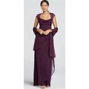 XSCAPE DRESS GOWN 10 MAXI LONG LACE SHEER MESH PURPLE BACK CUTOUT STAND COLLAR